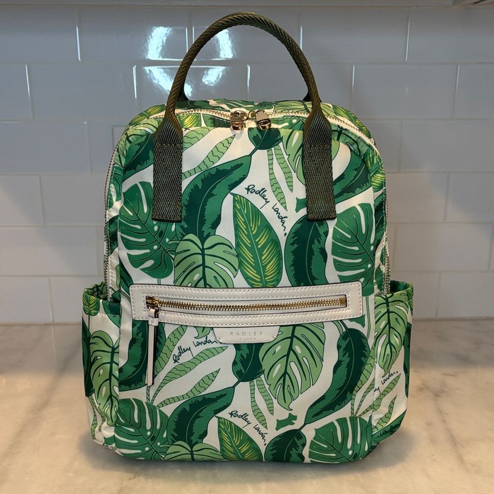Radley London Maple Cross Palm Print Medium Zip Top Backpack Green White Gold
